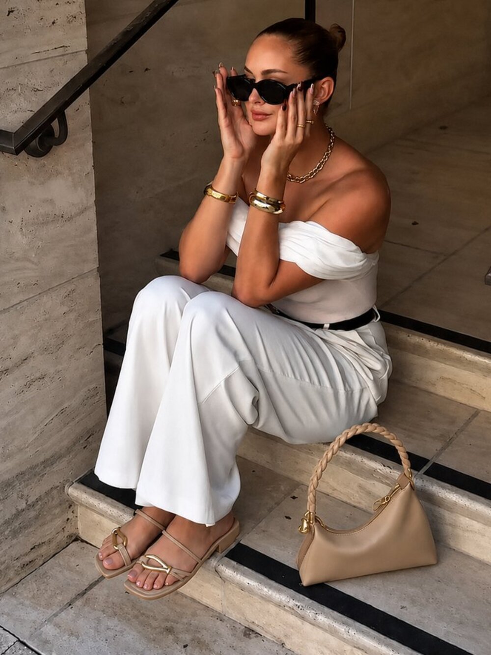 Marc Fisher Mazza Tan Sandals | Gold Accent Heels - Picture 7 of 10